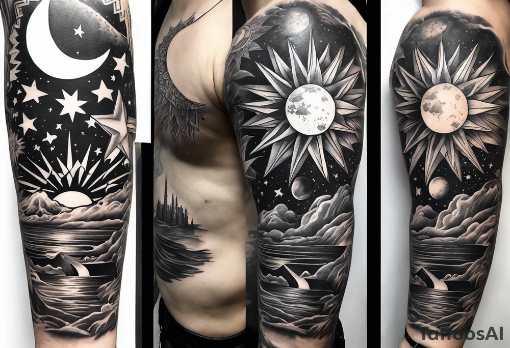 Collage for full left arm sleeve with:
a sun with a quarter moon,
2 stars,
bass guitar,
caduceus symbol tattoo idea
