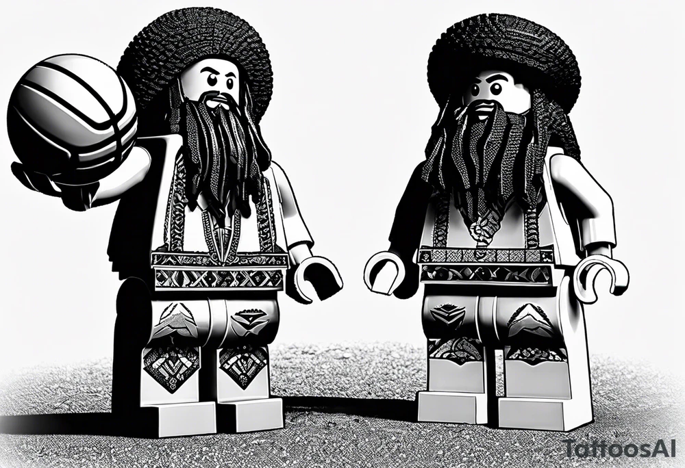 2 Lego figures in one scenery, one of them will be a Rastaman who is looking at the other one dribbling a basketball tattoo idea