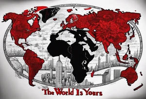 The world is yours from scarface movie with red letters 3d tattoo idea