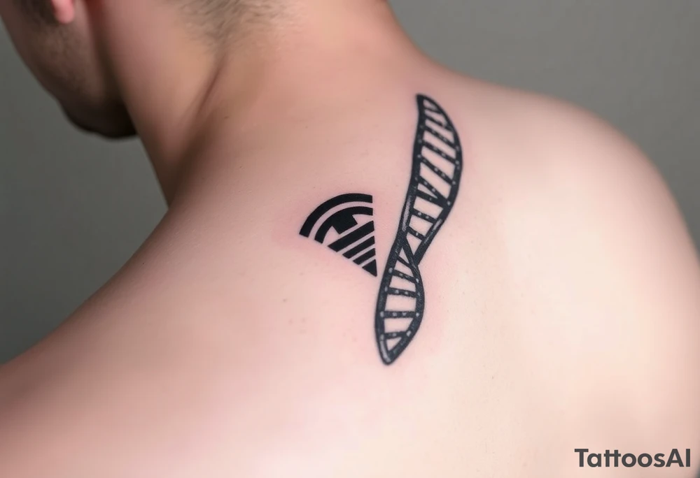 "Tattoo mimicking a DNA strand, but:  
- Base pairs replaced with Wi-Fi/Torrent logos  
- Caption: 'Open source enlightenment'  

Style: Bio-mechanical. Black/blue, bicep." tattoo idea