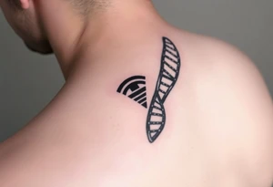 "Tattoo mimicking a DNA strand, but:  
- Base pairs replaced with Wi-Fi/Torrent logos  
- Caption: 'Open source enlightenment'  

Style: Bio-mechanical. Black/blue, bicep." tattoo idea