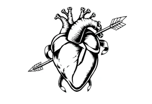 anatomical heart pierced by ornate arrow with flowing ribbons tattoo idea