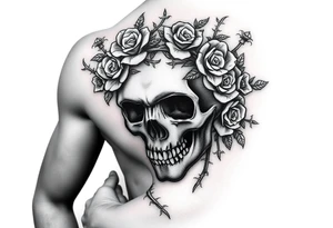 ornate skull adorned with crown of wild roses and thorns tattoo idea