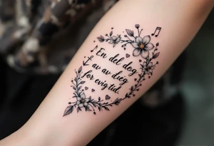 Quote: "En del av deg for evig tid. 
Pappa 20.12.24"
Surround the quote with delicate long blossom gladious, music notes, hearts and an anchor tattoo idea