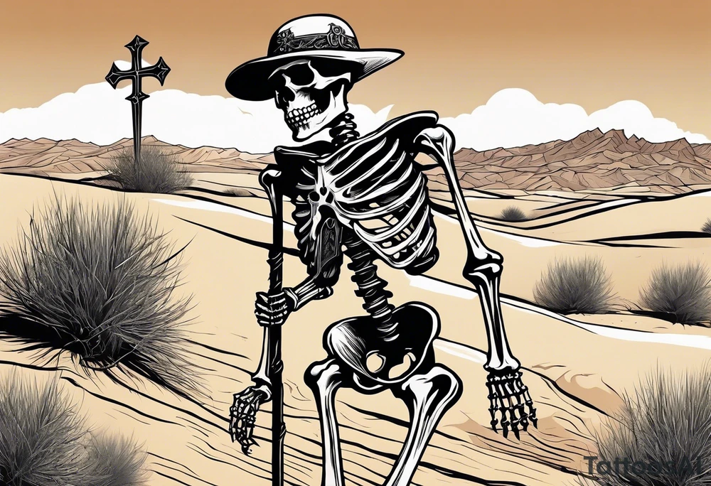 skeleton walking with a cross in a desert tattoo idea
