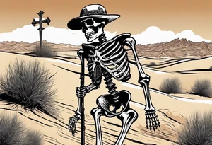 skeleton walking with a cross in a desert tattoo idea
