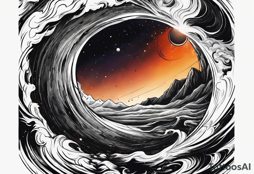 Large black hole swallowing earth. Earth is stretched and deformed as it enters the hole tattoo idea