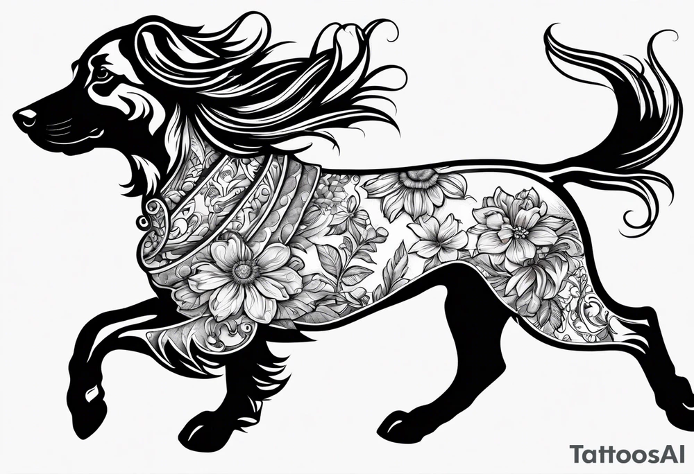 2 miniature dashound running outline and a long haired dashound outline running with Bones and bows and balls and flowers around tattoo idea