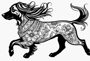 2 miniature dashound running outline and a long haired dashound outline running with Bones and bows and balls and flowers around tattoo idea