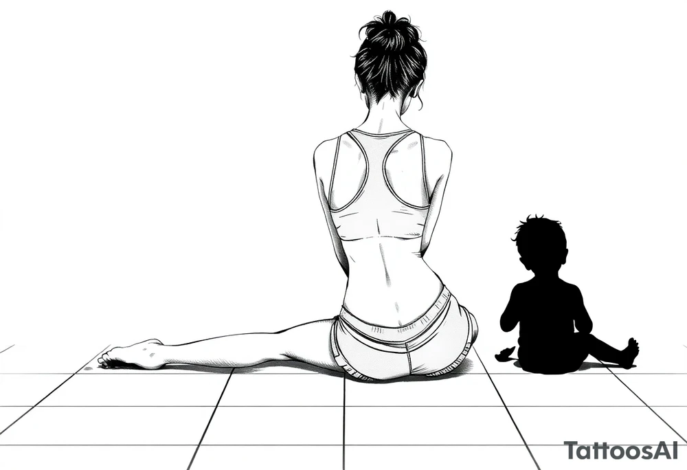a tile floor with a minimalist realistic silhouette of the back of a thin woman sitting curled on the tile floor and a black silhouette of a young child sitting next to her with a lily next to them on the floor. The woman is wearing a Racerback tank top, running shorts, has dark hair pulled up high, and her head is down. tattoo idea