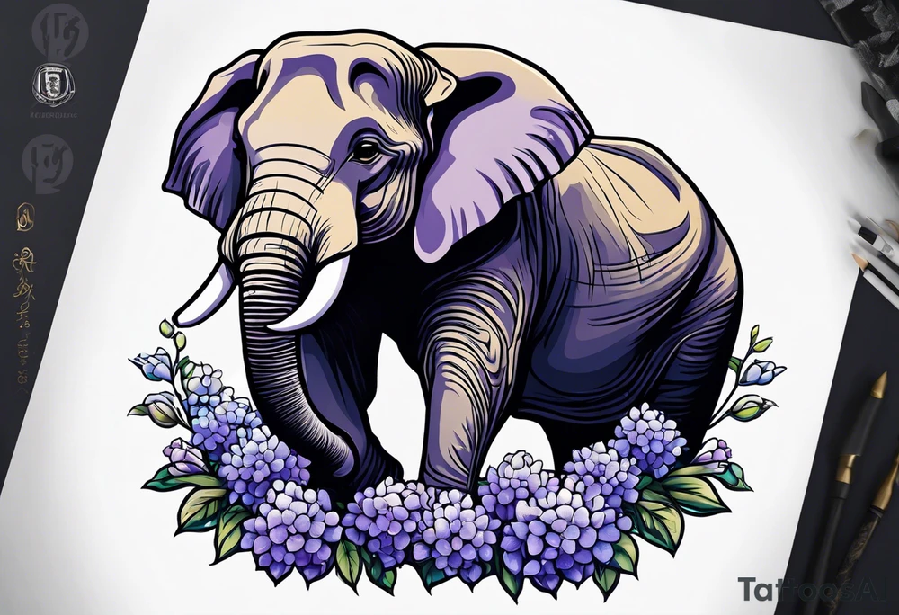 Seated elephant holding lilacs in trunk tattoo idea