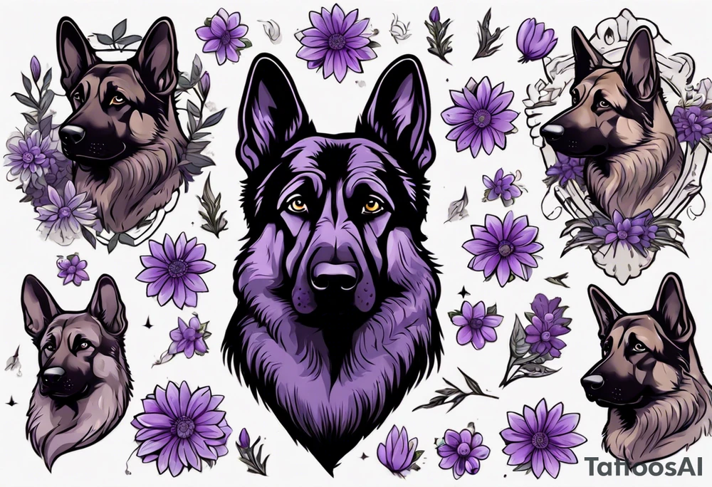 Dark Brown female German shepherd portrait surrounded by purple daisies tattoo idea