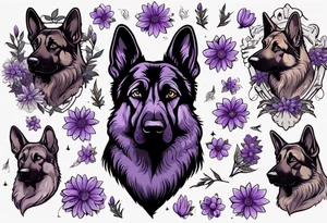 Dark Brown female German shepherd portrait surrounded by purple daisies tattoo idea
