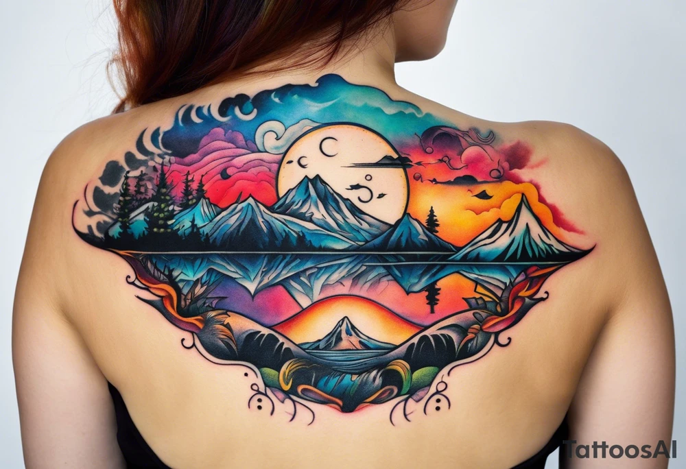 Landscape front upper neck tattoo that's appear to be ejecting from the skin, symbolizing the freedom from censorship. tattoo idea