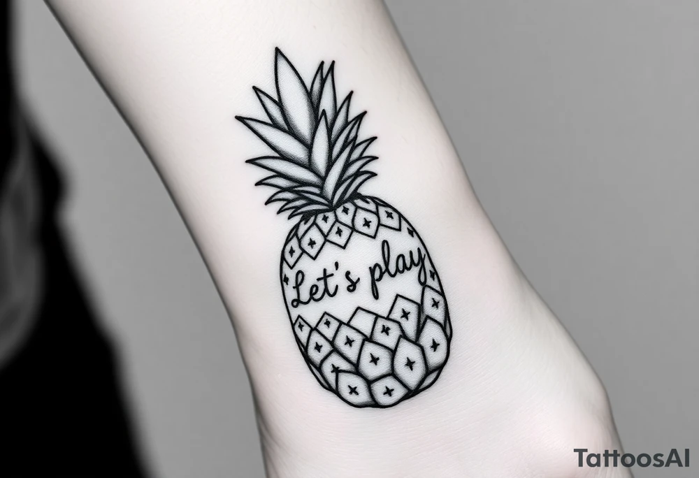 A black ink wrist tattoo featuring a realistic yet minimalistic pineapple. The pineapple is finely detailed with clean, precise lines, capturing the natural texture of the fruit while keeping the design subtle and uncluttered. Inside the body of the pineapple, the phrase "Let's play" is clearly placed in a bold but not overly thick font, ensuring readability while maintaining balance with the overall design. The leaves of the pineapple have a fine-line style with slight variations in thickness for a natural feel. The tattoo blends fine details with subtle bold elements, creating a clean and modern aesthetic. tattoo idea