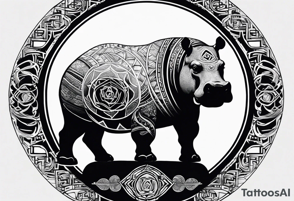 Asymmetrical, geometric, chinese ink art touch, hippo , full moon, tribal, orientation portrait tattoo idea