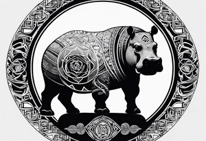 Asymmetrical, geometric, chinese ink art touch, hippo , full moon, tribal, orientation portrait tattoo idea