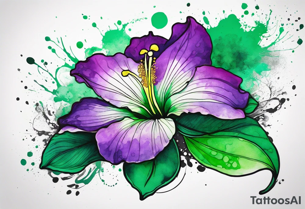 A mystical outline of a green and purple rio dipladenia flower and a green and purple watercolor splash in the background tattoo idea