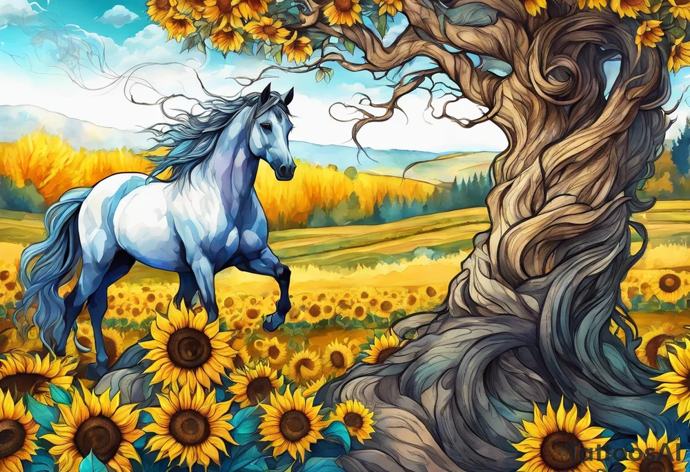 Yggdrasil tree, horse in front of it, and sunflowers tattoo idea