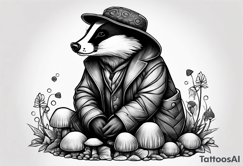 Badger in a coat sitting on a mushroom tattoo idea
