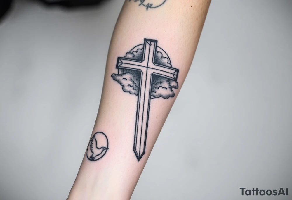 Big cross with clouds in the back with a dove a the bottom left of the forearm with a blue circle ring it and the number 4 to the of the dove. cover the whole forearm tattoo idea
