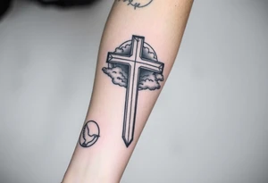 Big cross with clouds in the back with a dove a the bottom left of the forearm with a blue circle ring it and the number 4 to the of the dove. cover the whole forearm tattoo idea