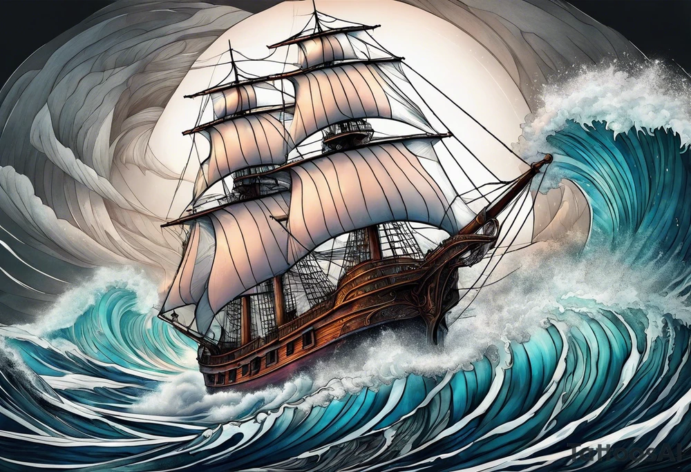 Sailing ship in storm with waves of hair from beautiful mermaids tattoo idea