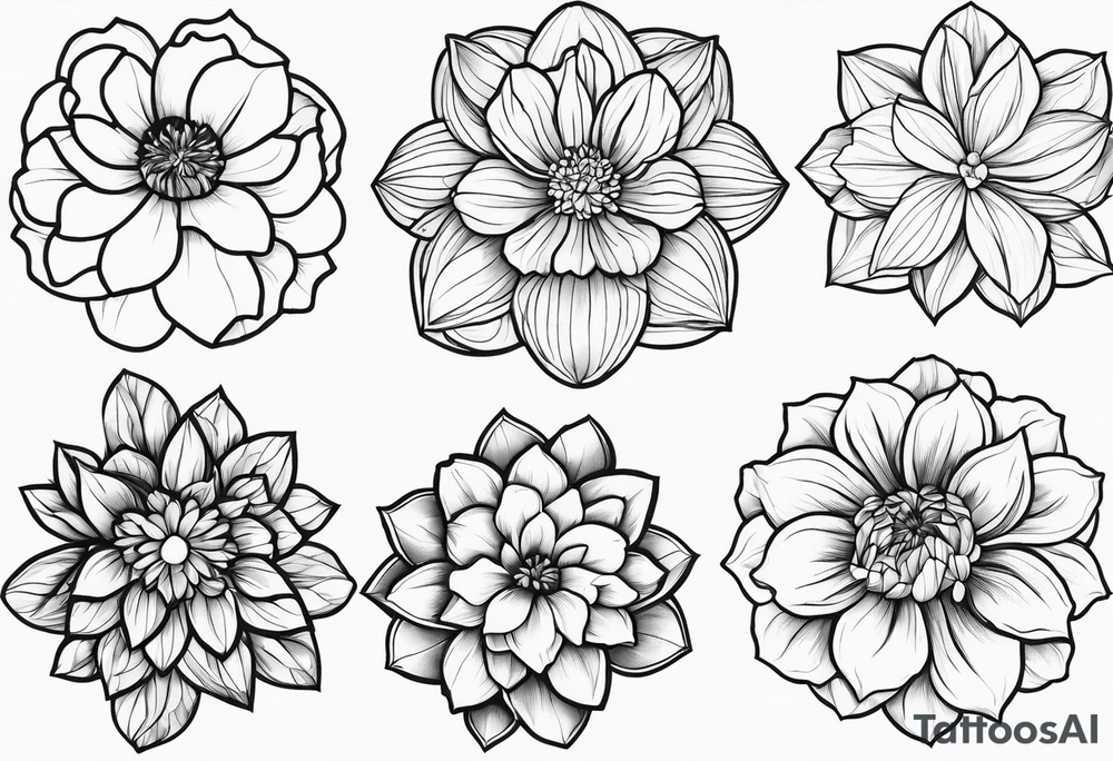 make me a black and white artwork that has one of each following flowers peony, carnation, daffodil, daphne, dahlia, desiree, daisy and rose tattoo idea