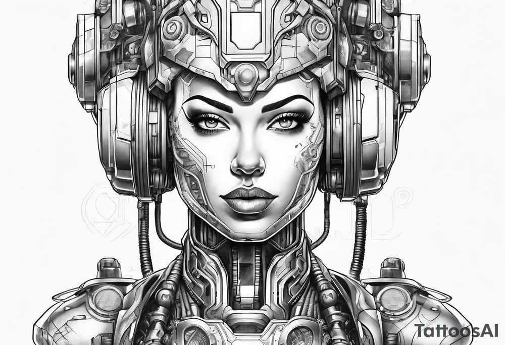 cyborg full body female pinup retro futurism, robot with human parts tattoo idea