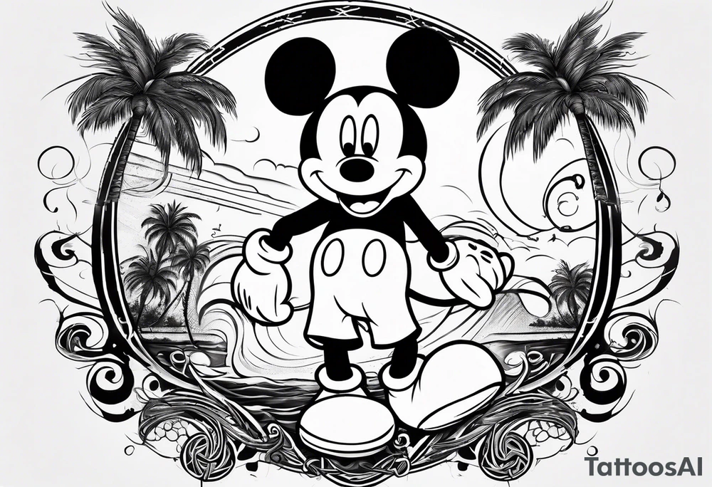 mickey mouse in a lightning storm with palm trees and the celtic symbol for family tattoo idea