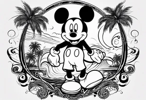 mickey mouse in a lightning storm with palm trees and the celtic symbol for family tattoo idea