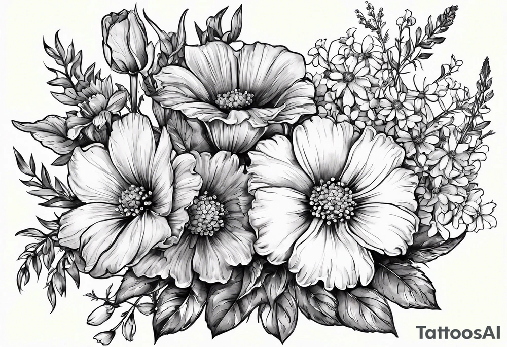 Floral bouquet with one larkspur, one carnation, one violet and one daisy with stems and bow tattoo idea