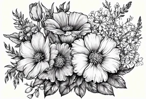 Floral bouquet with one larkspur, one carnation, one violet and one daisy with stems and bow tattoo idea