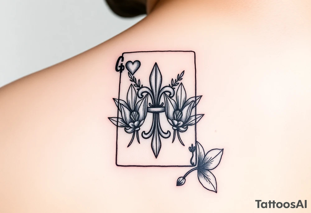 6 of hearts card with fleur de lis as the hearts and magnolias in the background tattoo idea