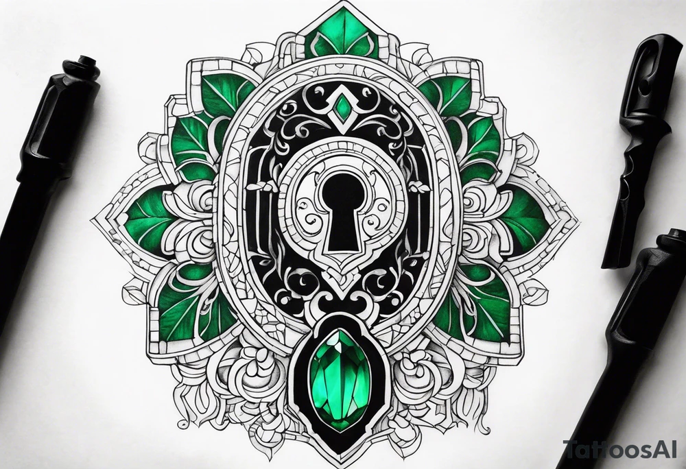 Lock and key with emerald stone tattoo idea