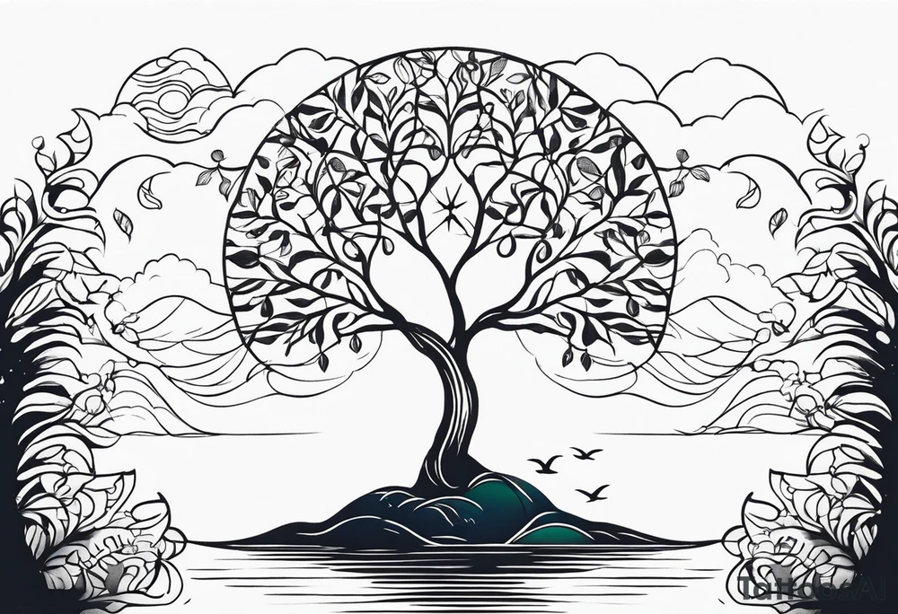 calm sea and tree of life background tattoo idea