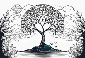 calm sea and tree of life background tattoo idea
