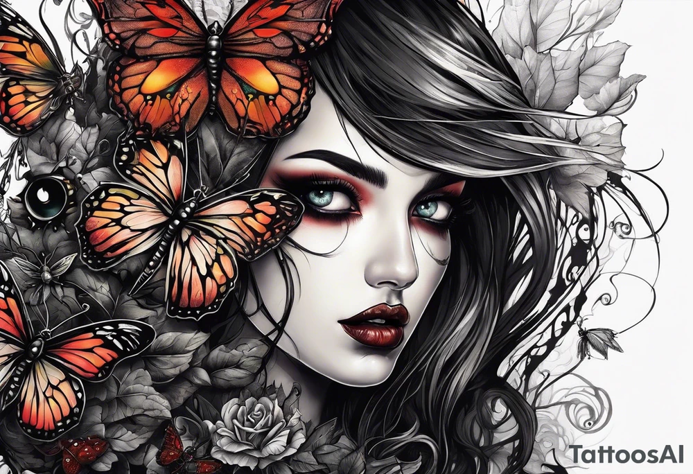 Surrealistic Gothic elements with beauty girl face with horror eyes. Realistic insects in Horror style tattoo idea