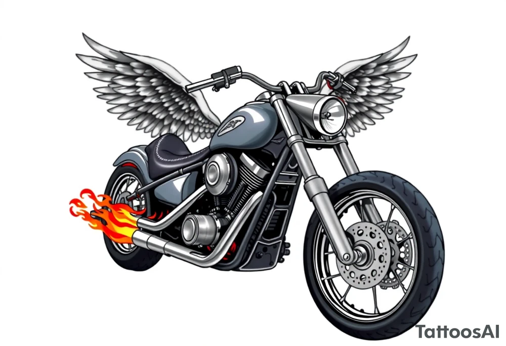 Low rider grey motorcycle, big muffler pipes with flames, angel wings, driving away, no person tattoo idea
