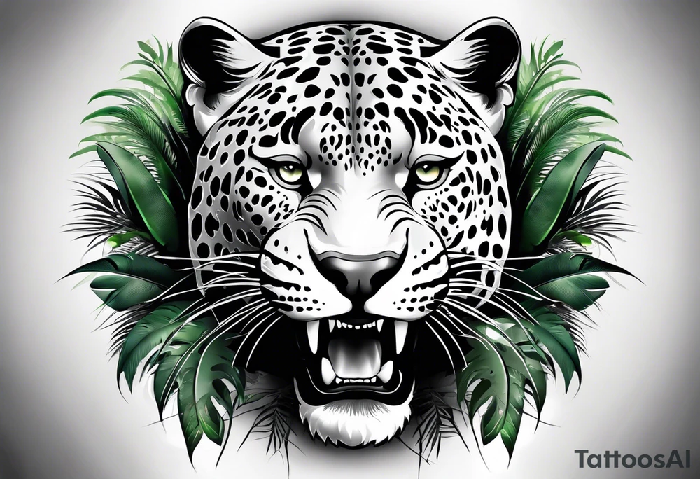 Create and black and grey realistic jaguar walking toward you with rainforest background for a forearm tattoo. Have the jaguars eye colored with emerald green and mouth open. Going for a Hispanic themed tattoo tattoo idea