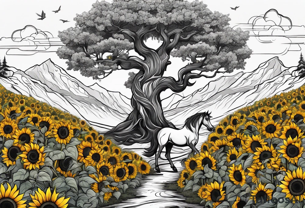 Yggdrasil tree, horse in front of it, and sunflowers tattoo idea