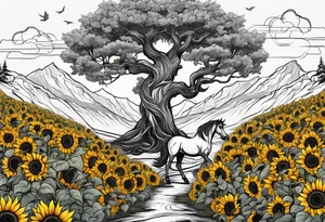 Yggdrasil tree, horse in front of it, and sunflowers tattoo idea