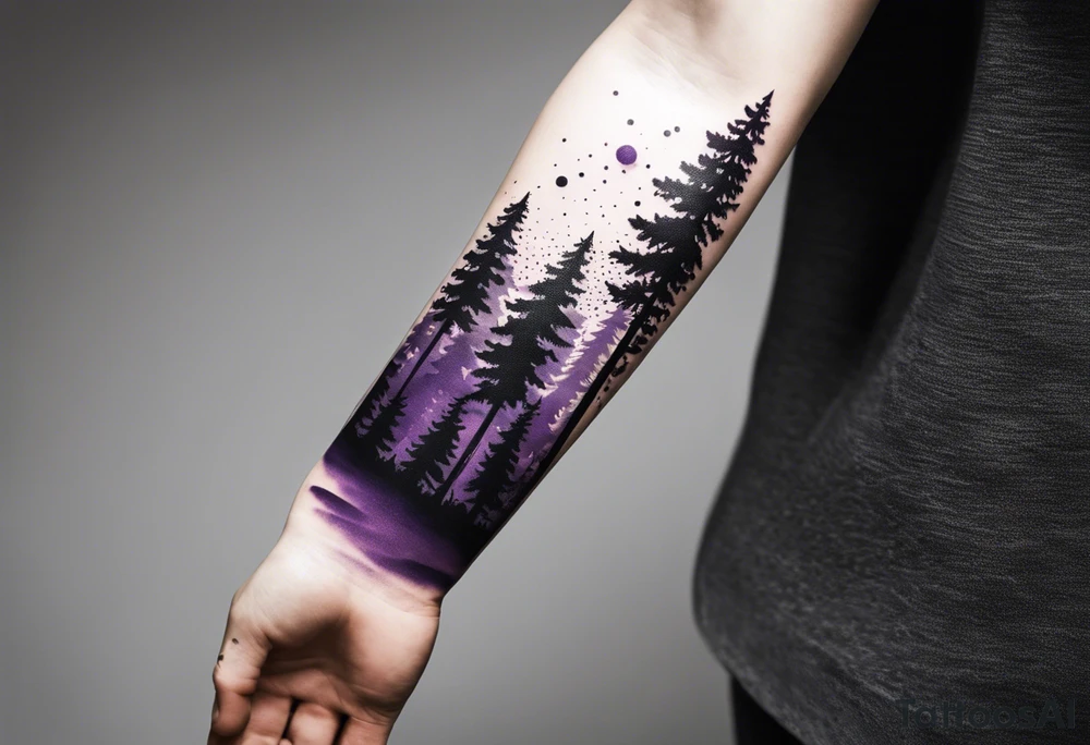 forest, purple and black, covered from wrist to forearm, fully covered, no borders, blackwork tattoo idea