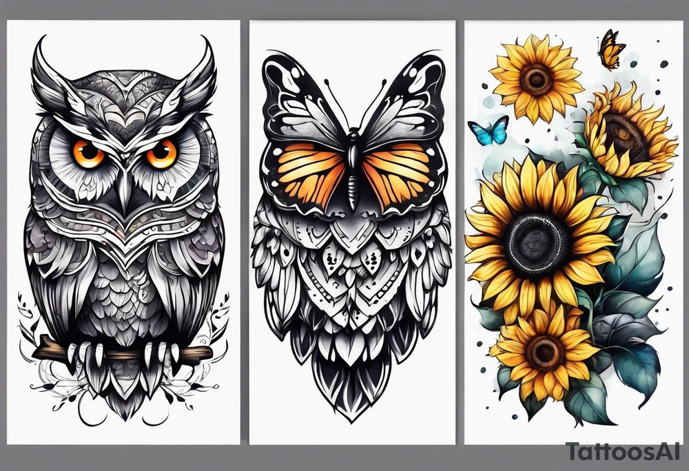 Owl, butterfly and sunflower are sleeve tattoo idea