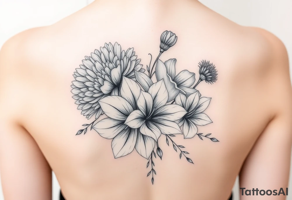 3d realistic Bouquet of flowers with a Carnation, a rose, a lily, a larksper, and a aster flowers. tattoo idea