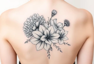 3d realistic Bouquet of flowers with a Carnation, a rose, a lily, a larksper, and a aster flowers. tattoo idea
