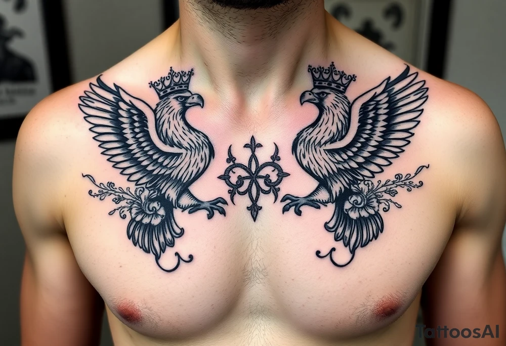 Chest tattoo,powerful two symetrical majestic eagles with a crowns, surrounded by floral ornaments and lure tattoo idea