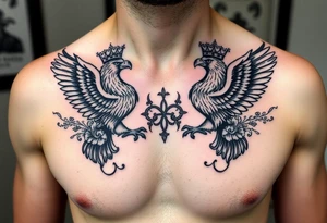 Chest tattoo,powerful two symetrical majestic eagles with a crowns, surrounded by floral ornaments and lure tattoo idea