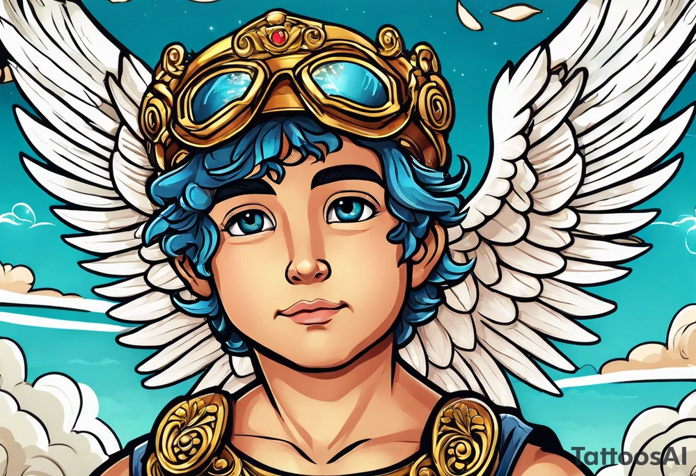 Cupido  fly boy with wings, background sea, ancient rome gods tattoo idea