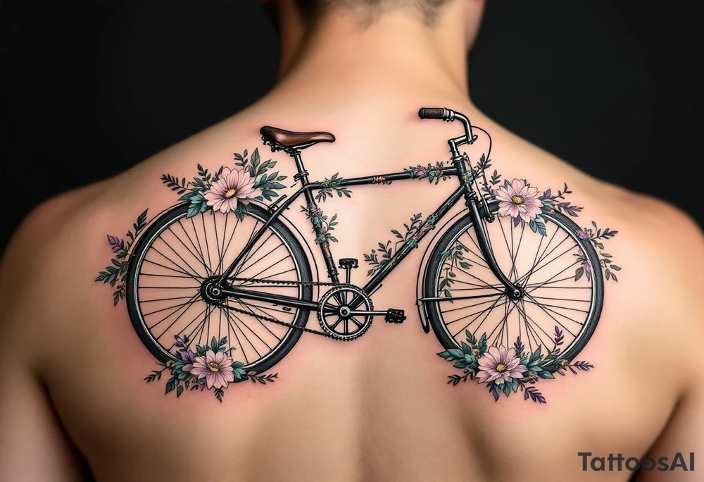 A vintage bicycle with intricate floral designs on the frame, in soft pastels (light pink, mint green, and lavender), symbolizing freedom and adventure. tattoo idea